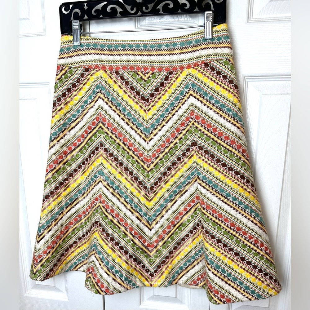 Vtg NANETTE LEPORE A-line Chevron Skirt Tweed Colorful Metallic Brown Green Tan